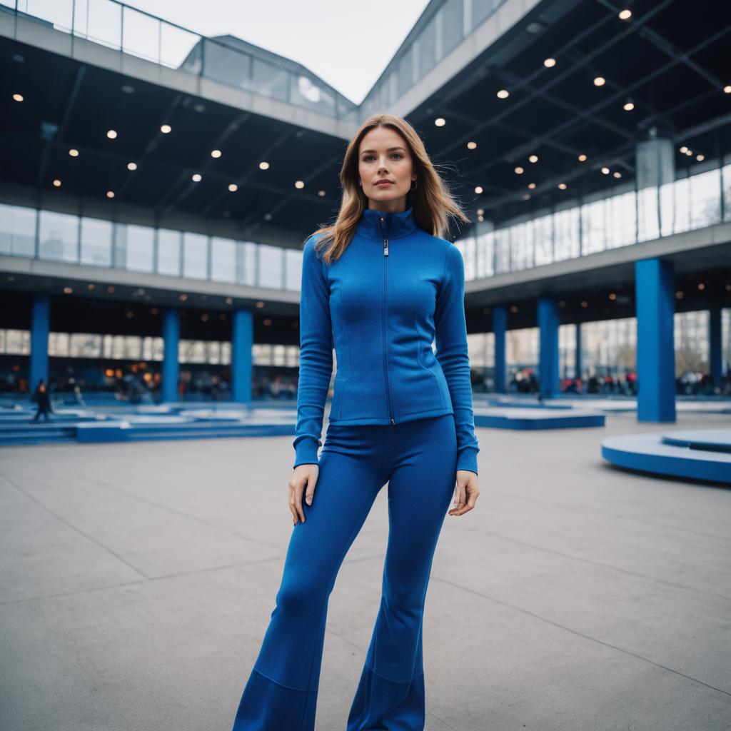Woman in Blue Athleisure Outfit in Modern Urban Setting