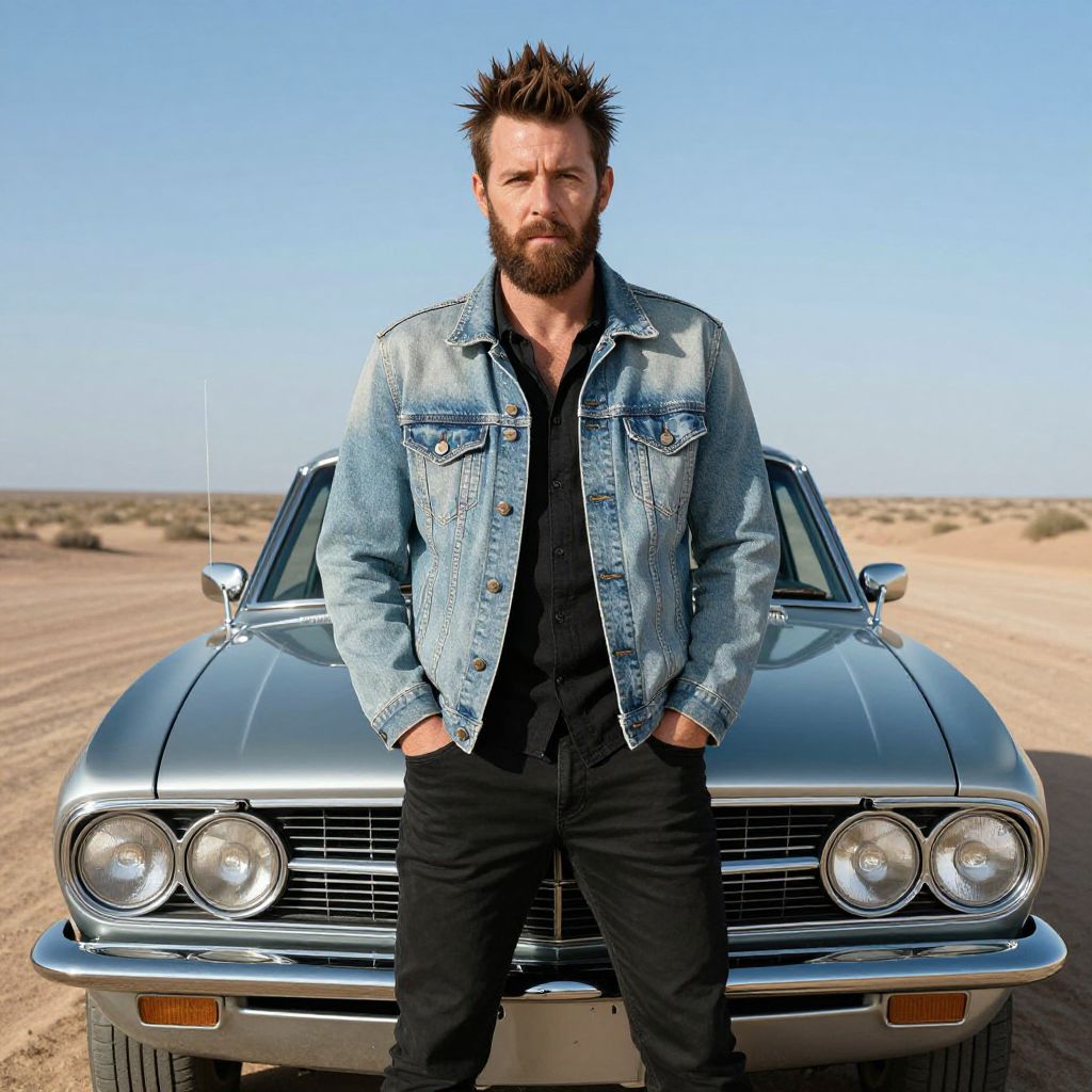 Bearded Man in Denim Jacket Standing by Classic Silver Car in Desert