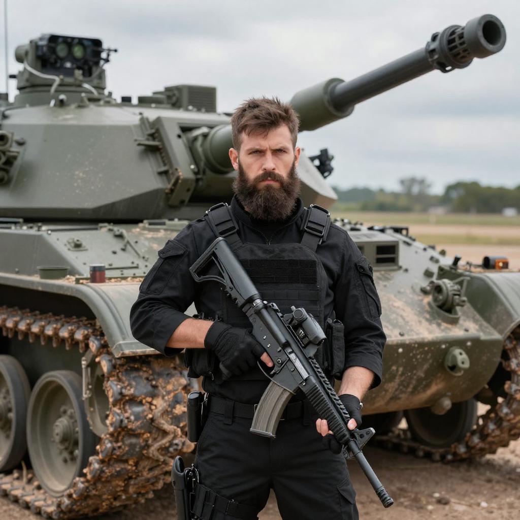 Bearded Soldier in Tactical Gear with Assault Rifle and Military Tank Background