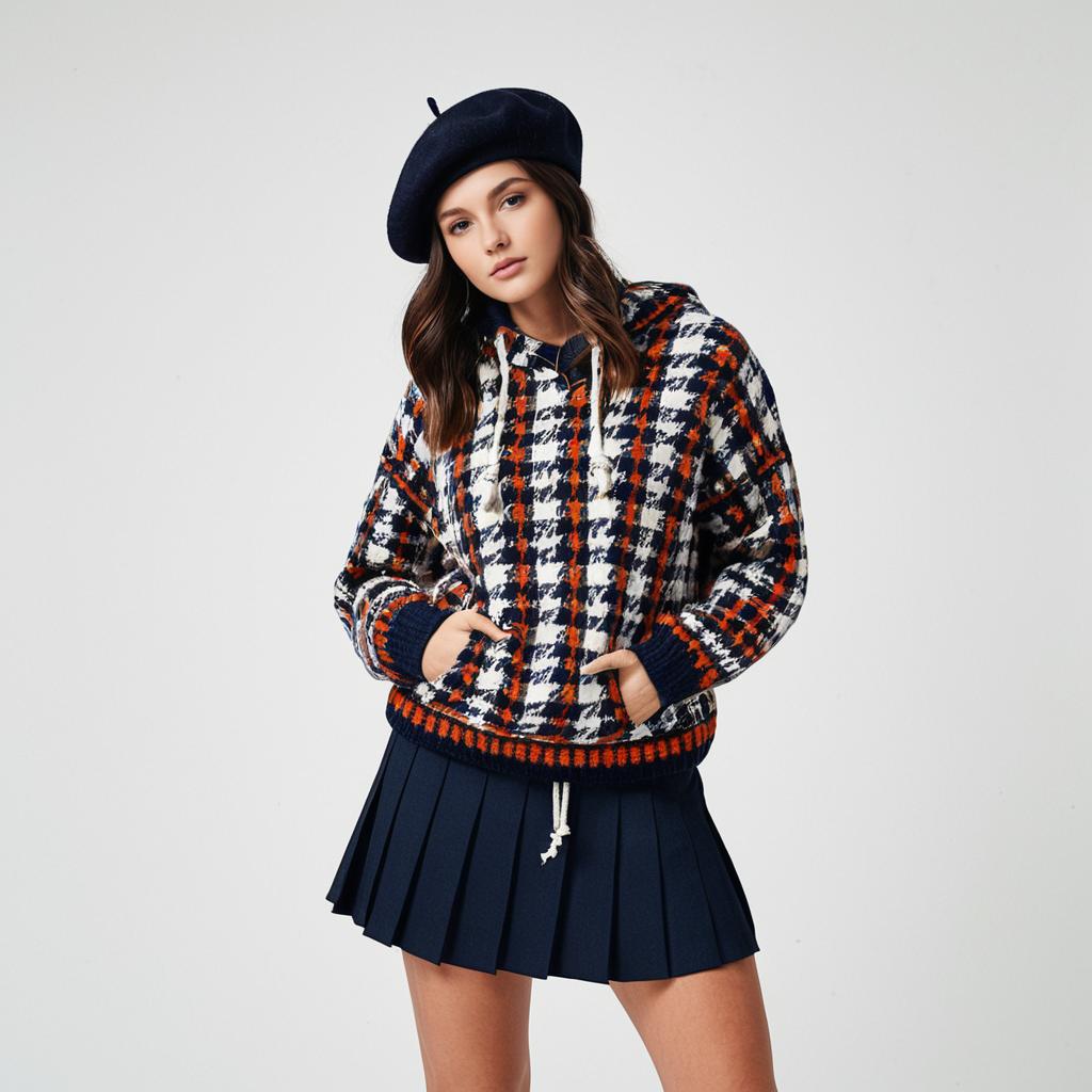 Woman Wearing Preppy Casual Oversized Plaid Sweater Navy Blue and Burnt Orange with Pleated Skirt