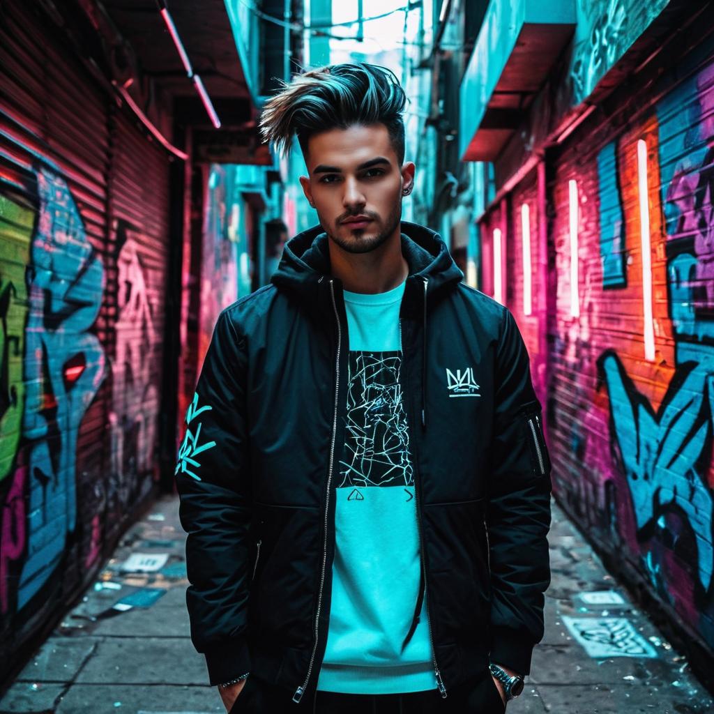 Stylish Young Man in Graffiti Alley with Neon Streetwear