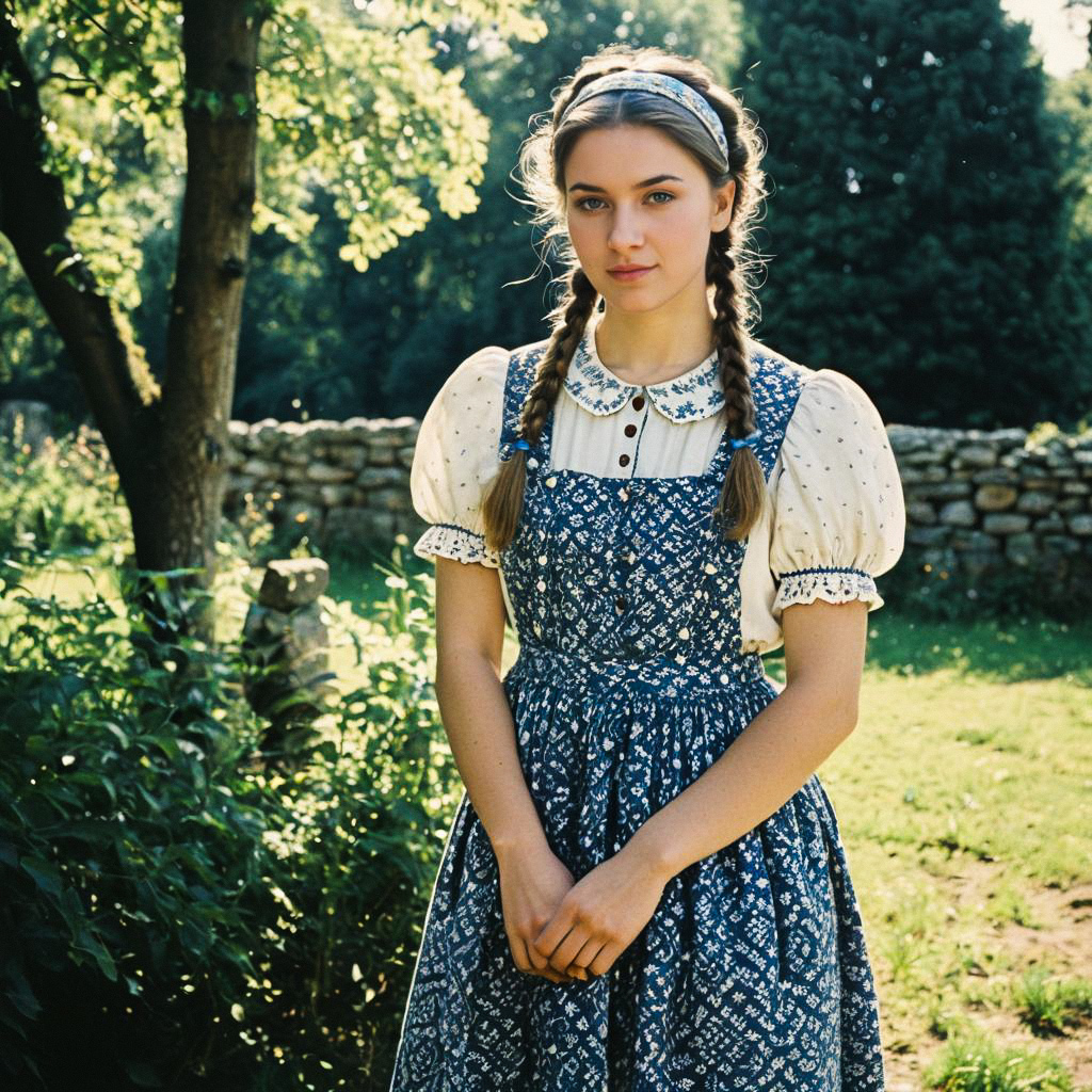 Young Woman in Vintage Blue Dress in Garden