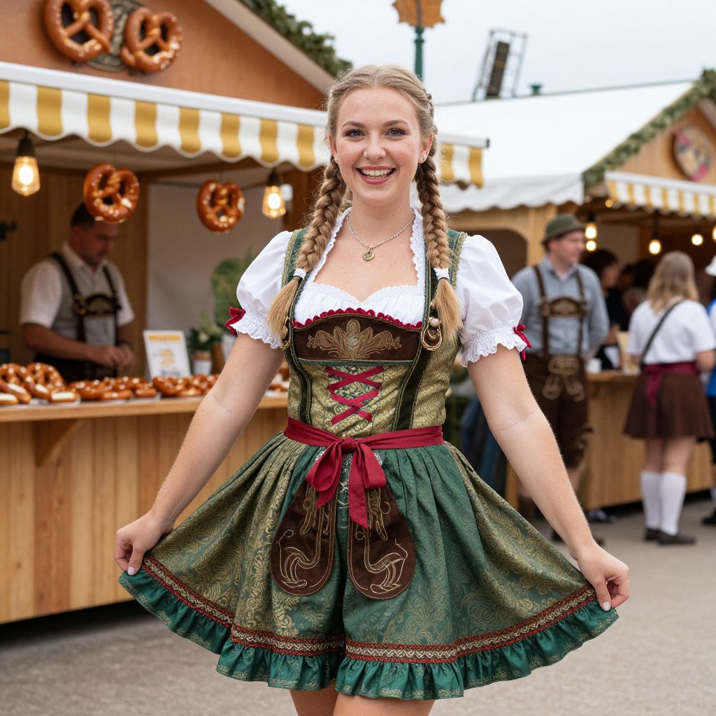 Young Woman in Traditional Bavarian Dirndl at Outdoor Festival with Pretzels