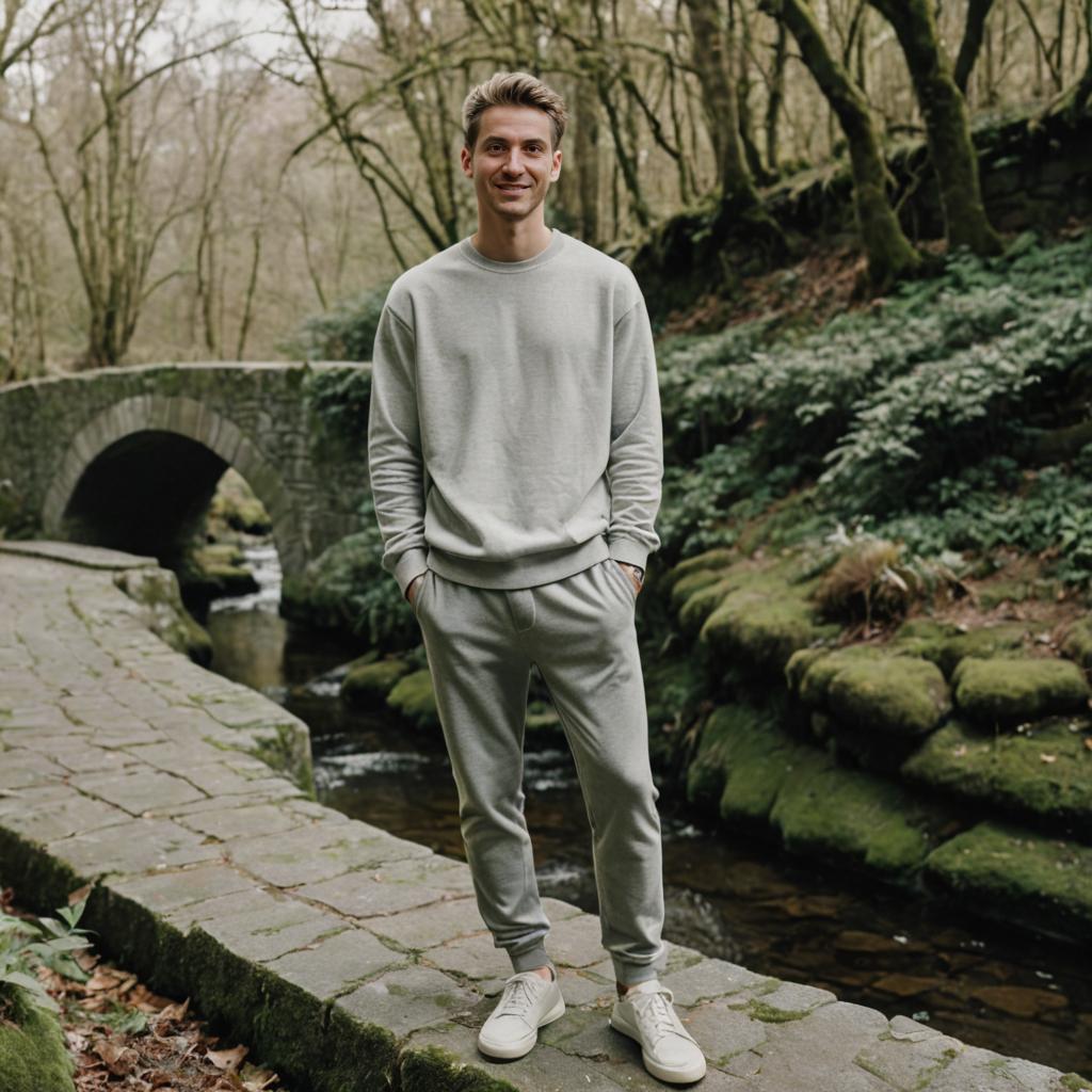 Confident Man on Stone Path in Serene Forest