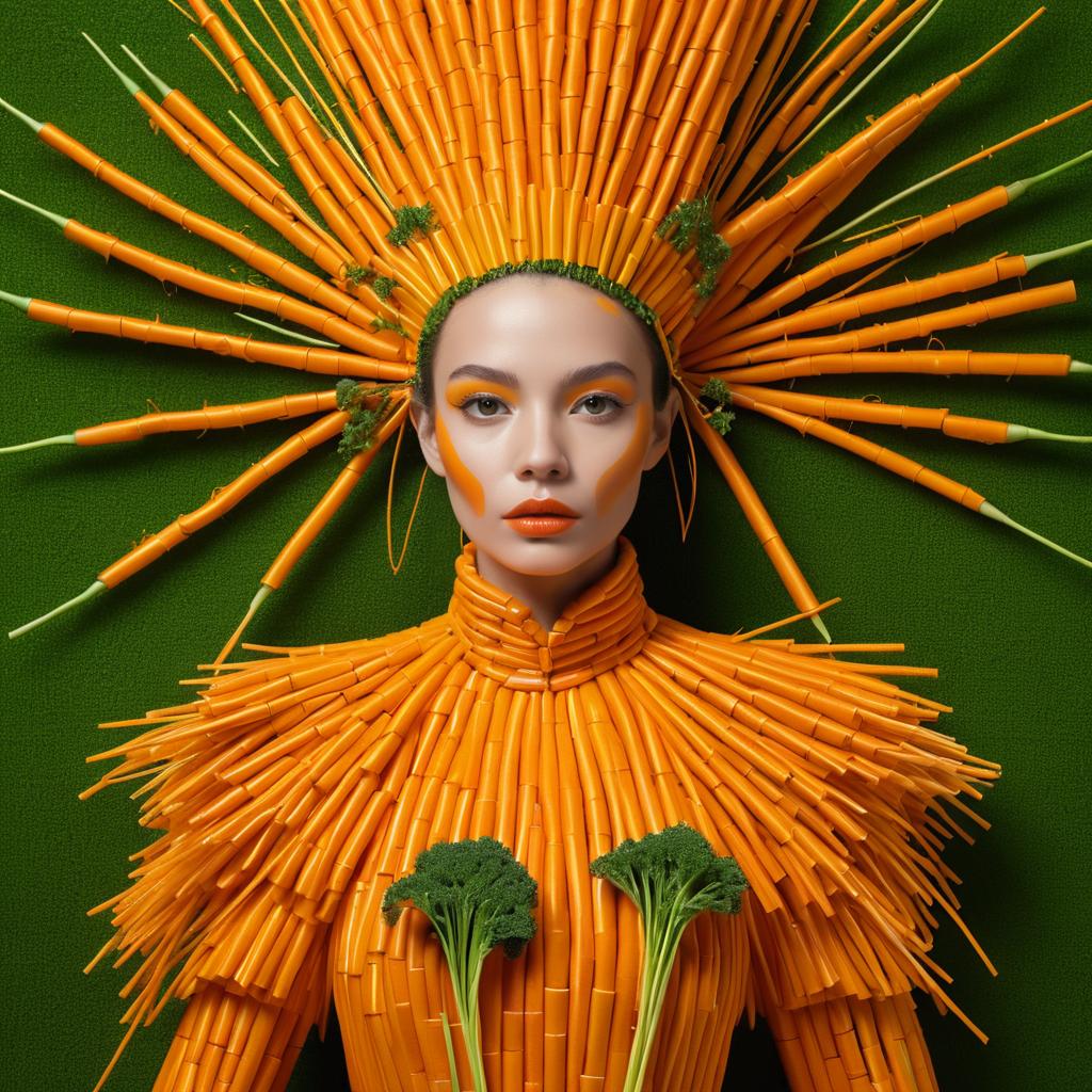 Avant-Garde Woman in Carrot and Broccoli Outfit