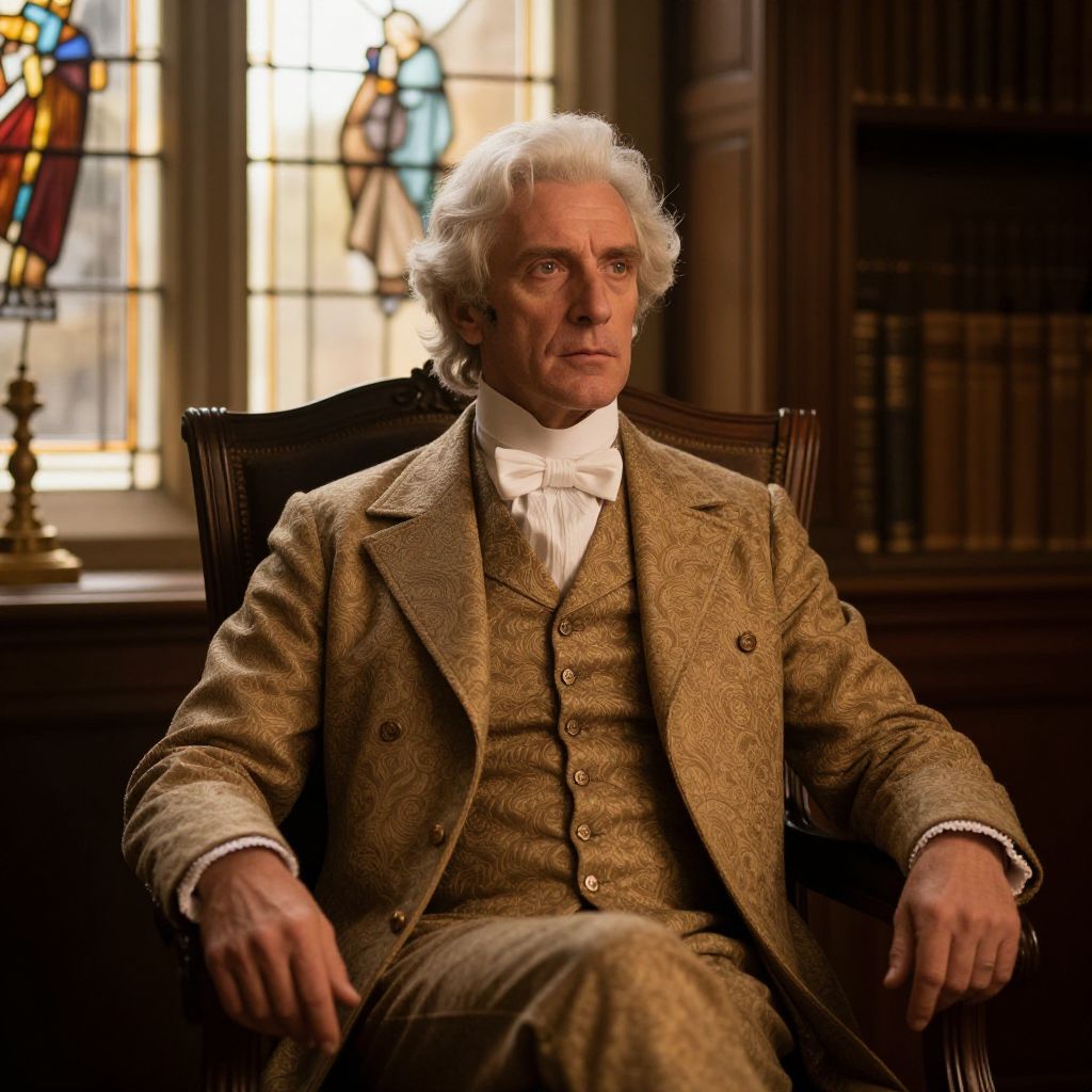 Victorian Man in Ornate Gold Suit Sitting in Classic Armchair