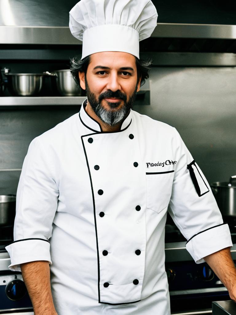 Male Chef in Classic White Chef Costume and Hat in Professional Kitchen