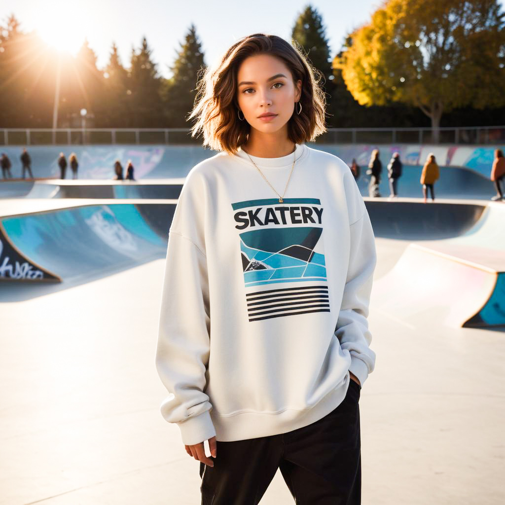 Confident Woman in Skatery Sweatshirt at Urban Skatepark