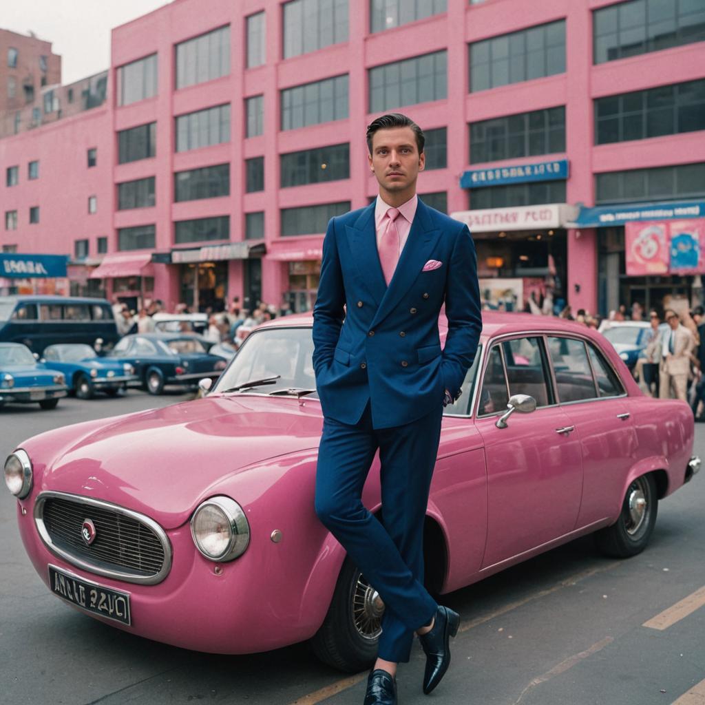 Stylish Man in Blue Suit by Pink Building and Classic Car