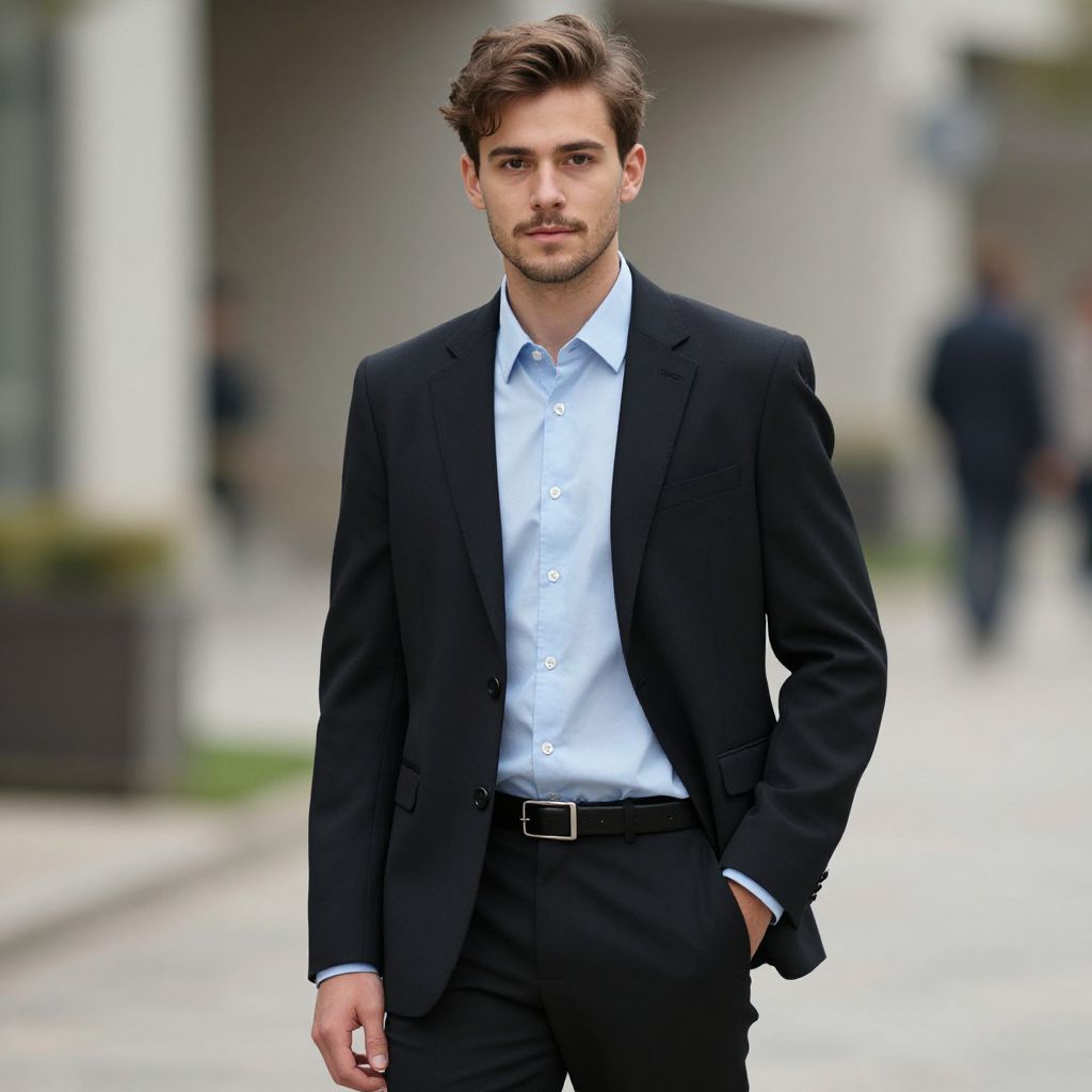 Confident Young Man in Black Suit and Blue Shirt Outdoors