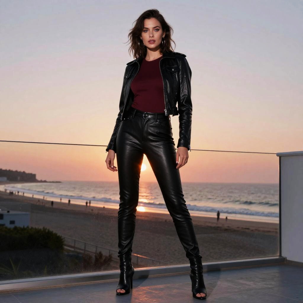 Edgy Chic Woman in Black Leather Pants and Jacket at Beach Sunset