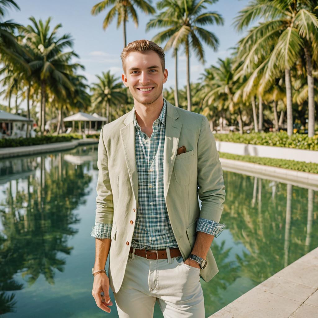 Stylish man in green blazer and checkered shirt in tropical setting