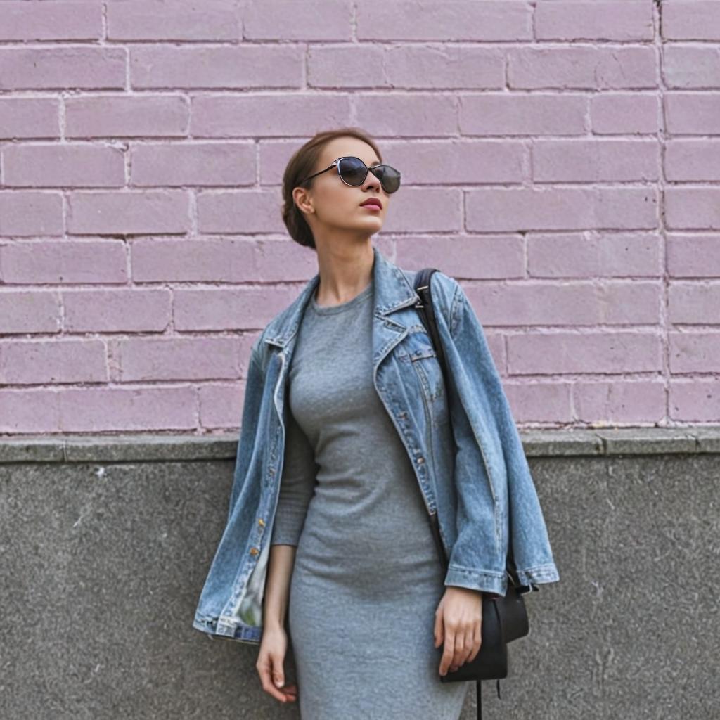 Stylish Woman in Denim Jacket Against Pink Wall