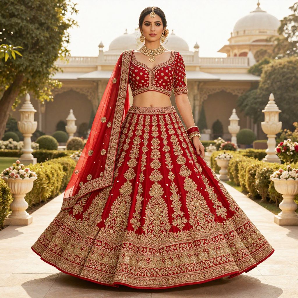 Traditional Red Indian Bridal Lehenga with Gold Embroidery in Heritage Garden