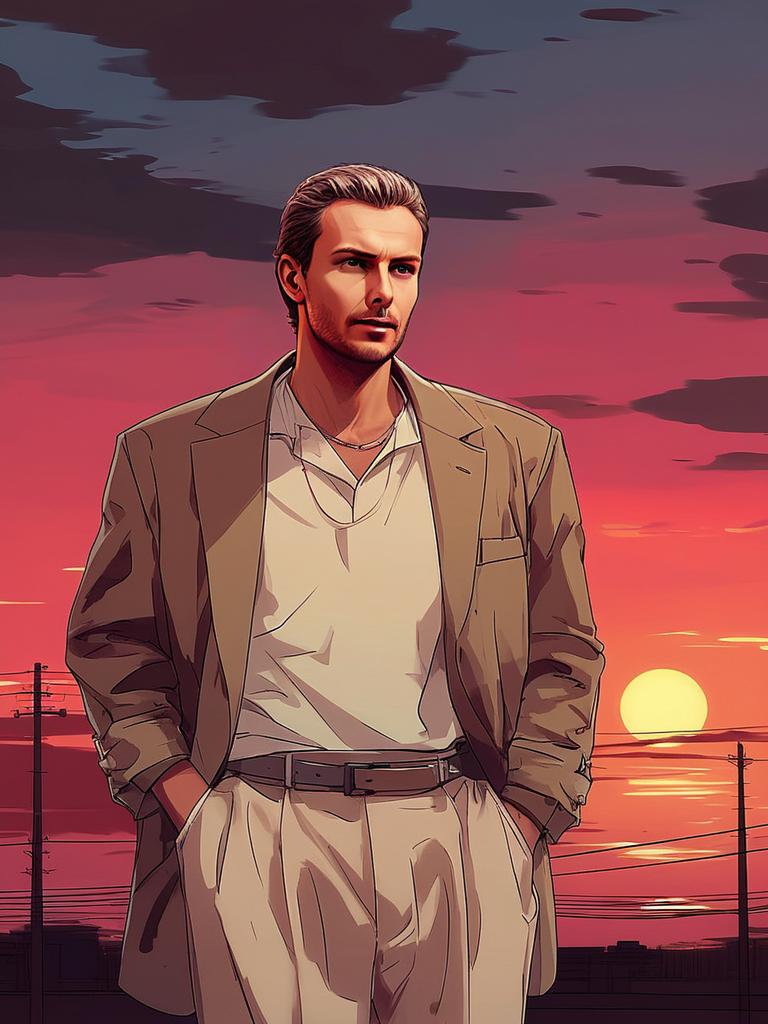 Confident Man in 80s Outfit Against Sunset
