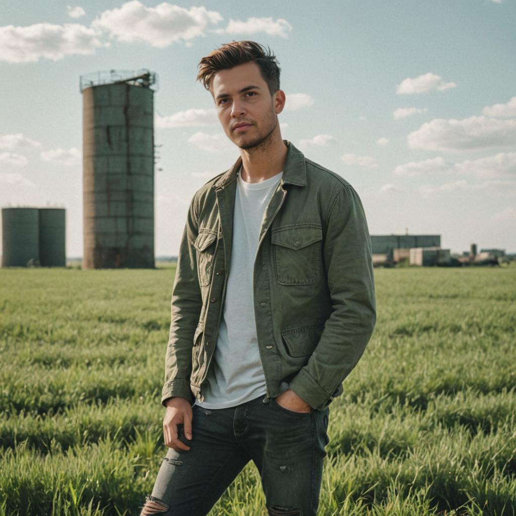 Confident Man in Green Field with Industrial Background