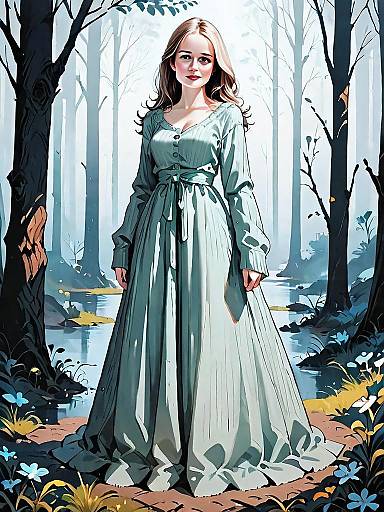 Medieval Woman in Flowing Dress in Dark Fantasy Forest Illustration