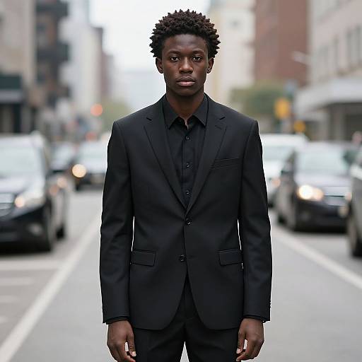 Young Man in Black Suit Standing on City Street