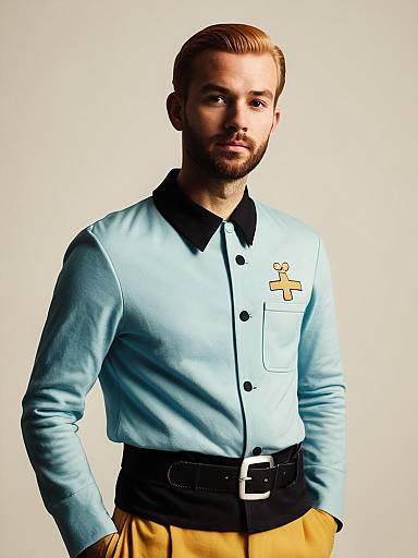Man in Photorealistic Tintin Costume Waist Up Editorial Portrait