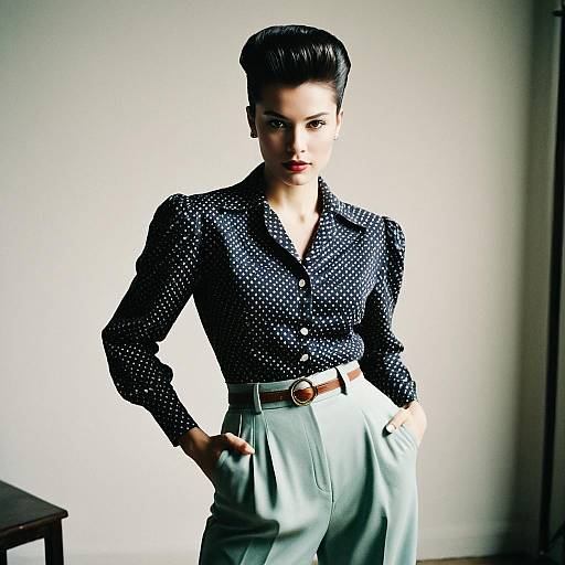 Retro-Inspired Woman in Polka Dot Blouse and High-Waisted Trousers
