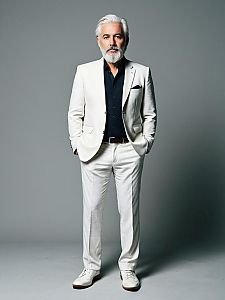 Confident Mature Man in White Suit with Dark Shirt Standing in Studio