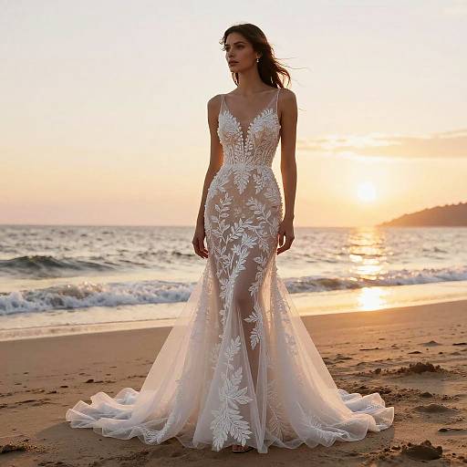 Elegant Sheer Floral Lace Bridal Dress on Beach at Sunset
