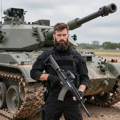 Bearded Soldier in Tactical Gear with Assault Rifle and Military Tank Background