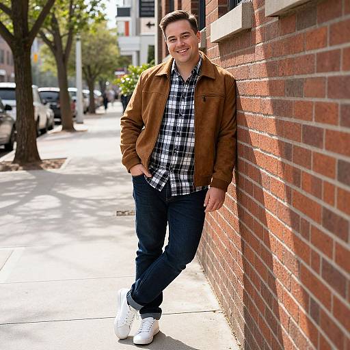 Casual Man Leaning on Urban Brick Wall - Street Style Photography