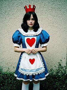 Woman in Queen of Hearts Costume with Red Crown and Blue Dress
