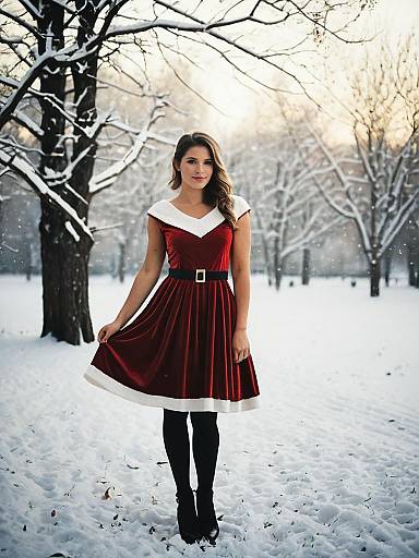 Woman in Christmas Party Dress Outdoors in Snowy Winter Portrait