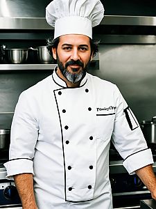 Male Chef in Classic White Chef Costume and Hat in Professional Kitchen