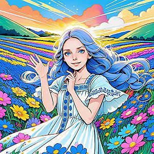 Young Woman with Blue Hair in Colorful Flower Field at Sunset