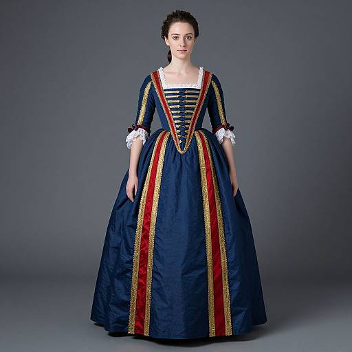 Woman in Elegant 18th Century Blue and Red Historical Gown
