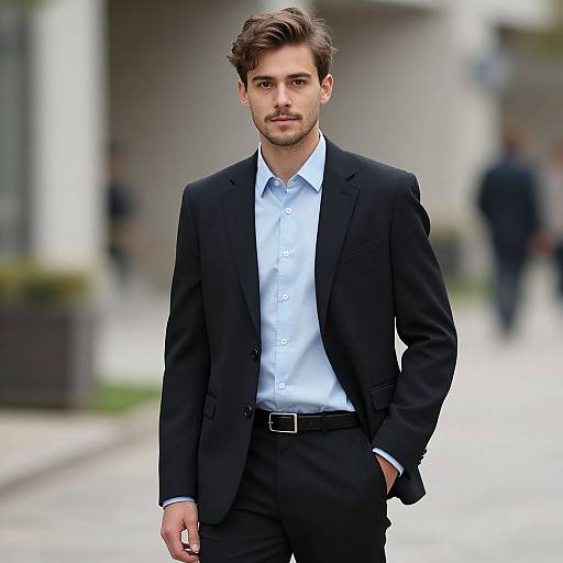 Confident Young Man in Black Suit and Blue Shirt Outdoors
