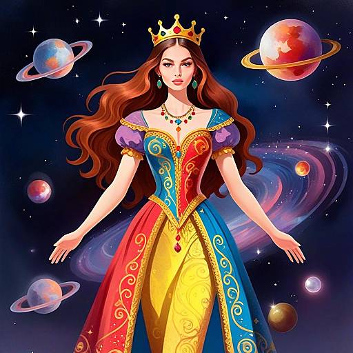 Regal Woman in Colorful Fantasy Dress with Cosmic Background