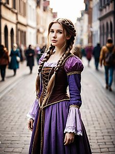 Woman in Medieval Costume on Cobblestone Street