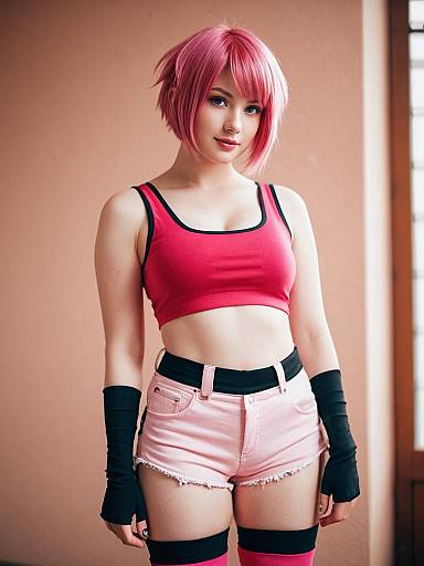 Woman in Red Crop Top and Pink Hot Pants with Black Gloves