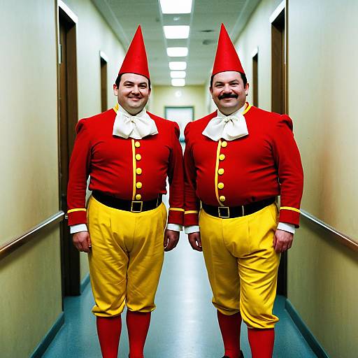 Tweedle Dee and Tweedle Dum Fancy Dress Costumes with Red and Yellow Uniforms