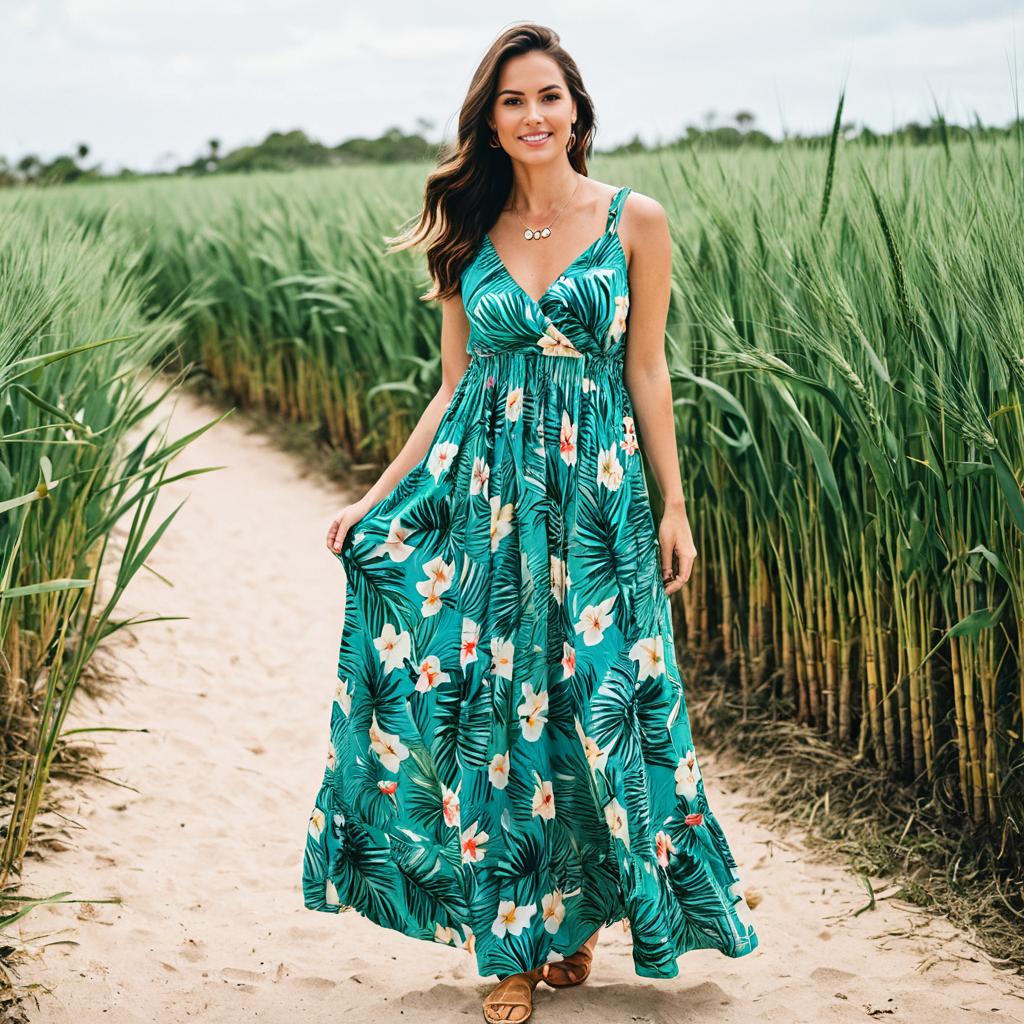 Woman in Turquoise Floral Maxi Dress on Sandy Path in Green Field