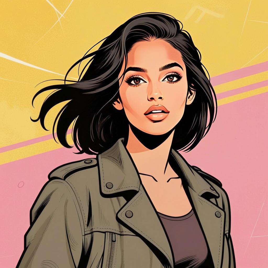 Modern Graphic Illustration of Confident Young Woman with Flowing Hair