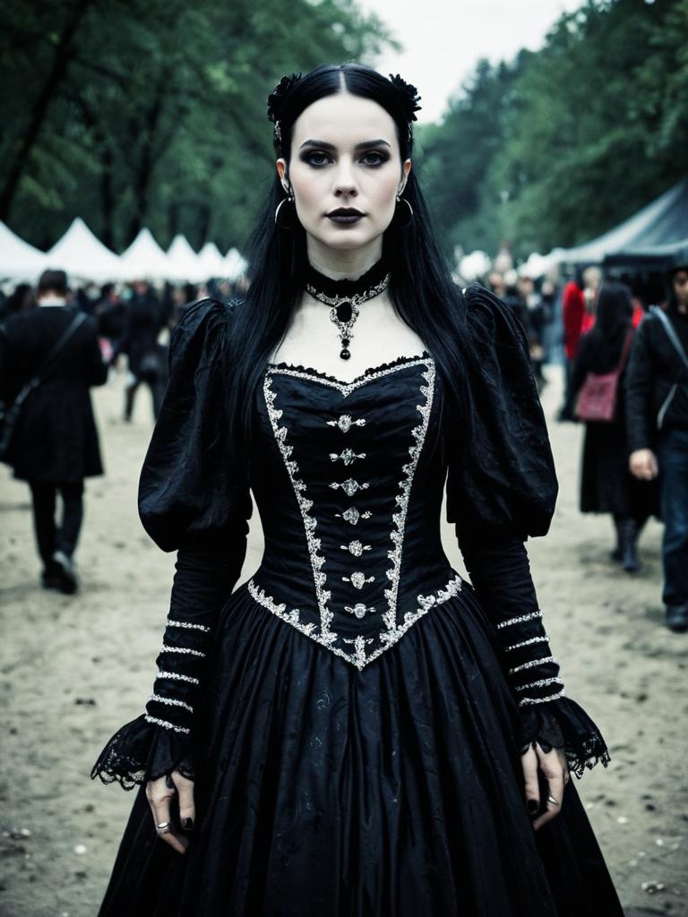 Woman in Elegant Gothic Gown at Gothic Fashion Festival