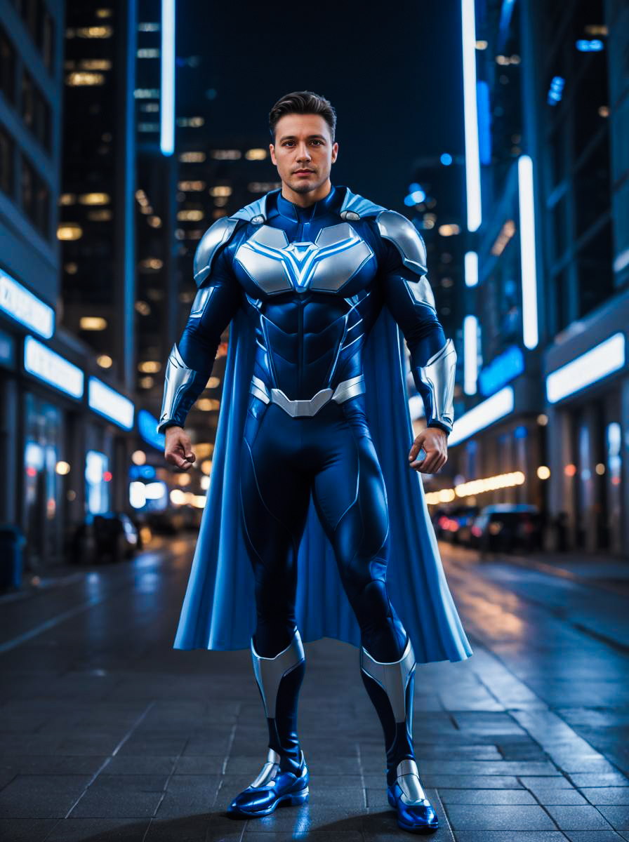 Male Superhero in Blue and Silver Suit