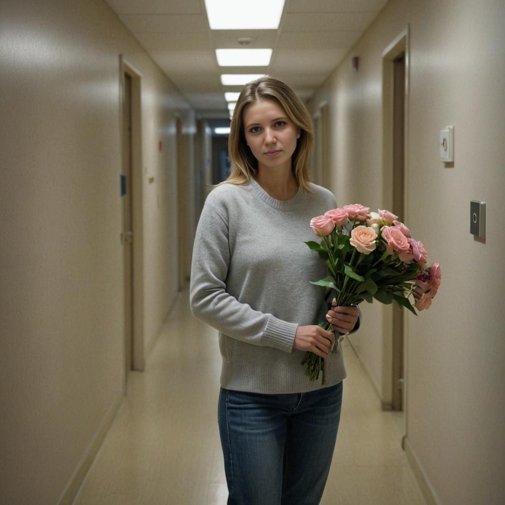 Woman with Pink Roses in Softly Lit Hallway