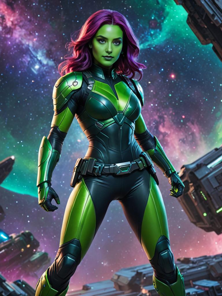 Gamora in Cosmic Space with Spaceships