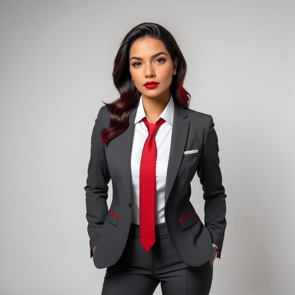 Confident Woman in Gray Suit with Red Tie