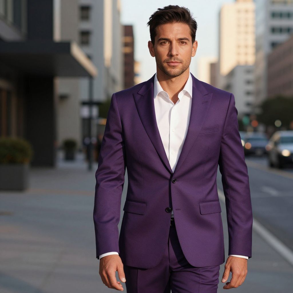Man in Purple Suit Walking in Urban Street Setting