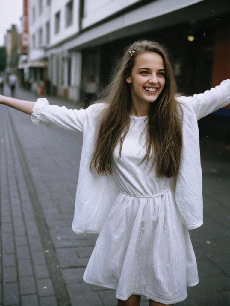 Joyful Woman in White Dress Smiling on City Street