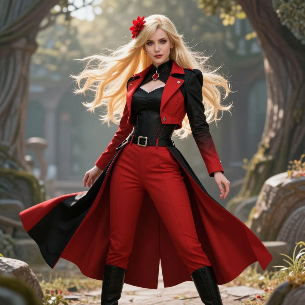 Elegant Woman in Red and Black Fantasy Costume Outdoors