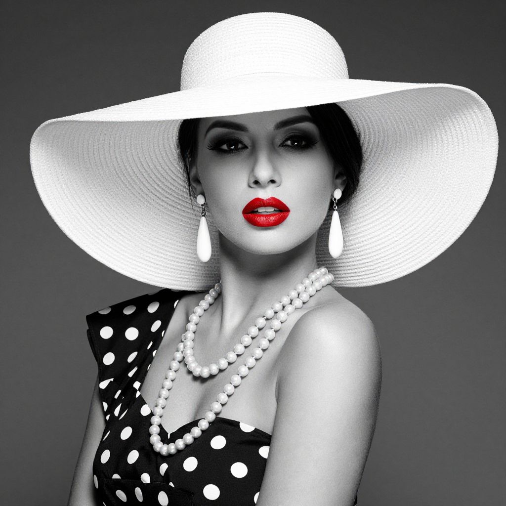 Vintage Style Woman in White Wide-Brimmed Hat with Polka Dot Dress and Red Lips