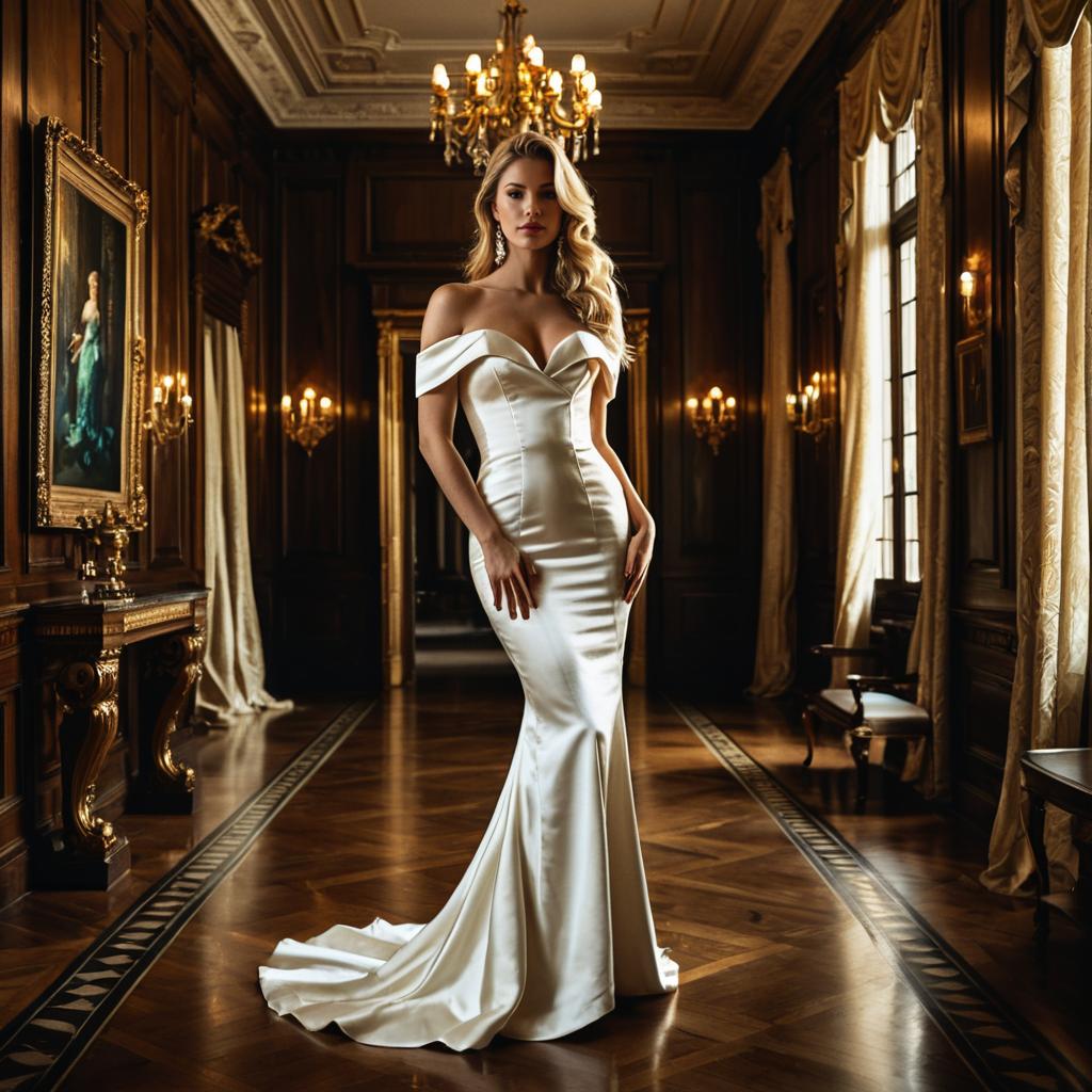 Elegant Woman in Off-Shoulder Satin White Gown in Vintage Luxury Interior
